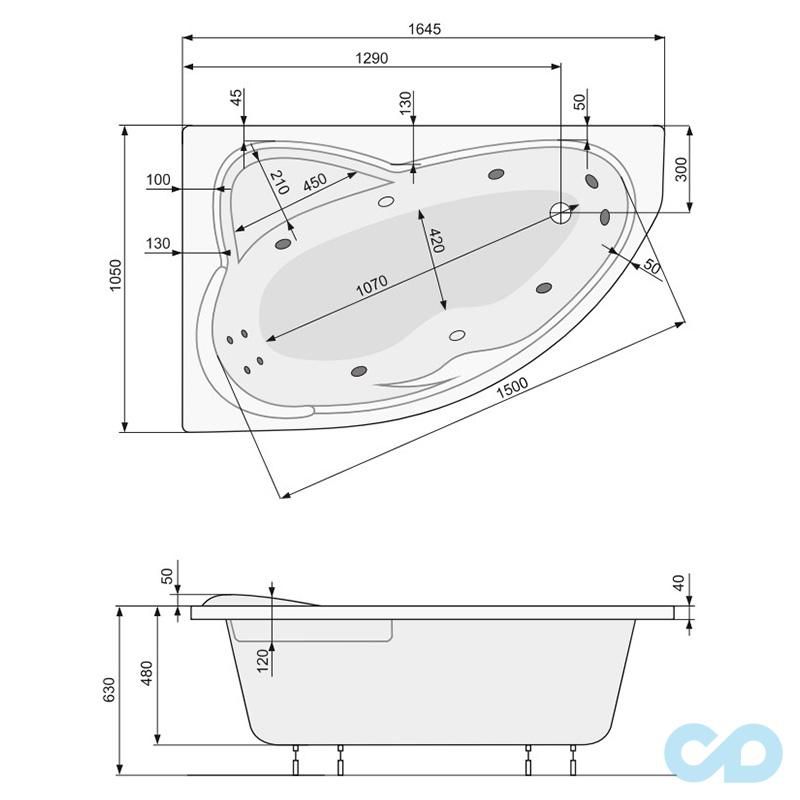 креслення Ванна акрилова Pool Spa Europa 165x105 PWA4610ZN000000 права