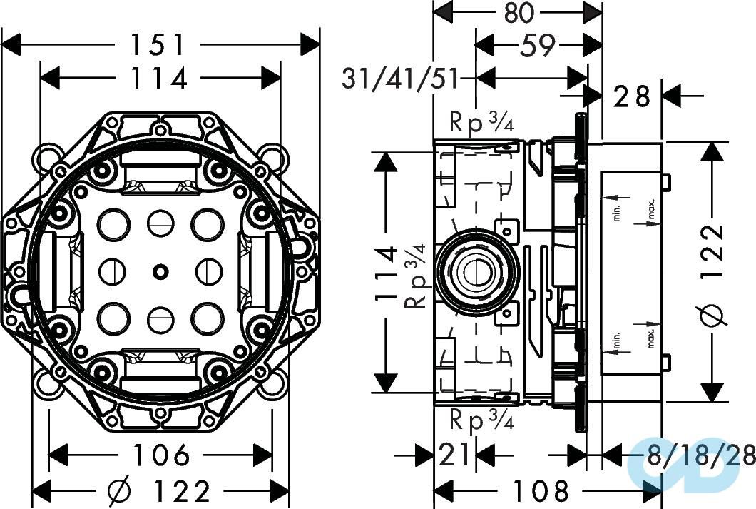 технічна схема Душова система прихованого монтажу Hansgrohe Metropol Raindance 2385400S