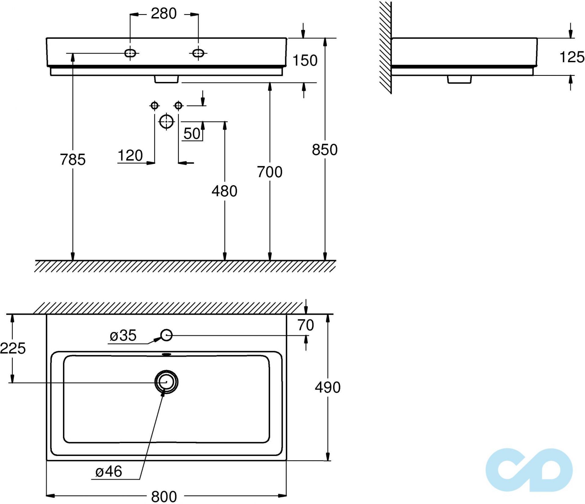 чертеж Раковина накладная Grohe Cube 3946900H