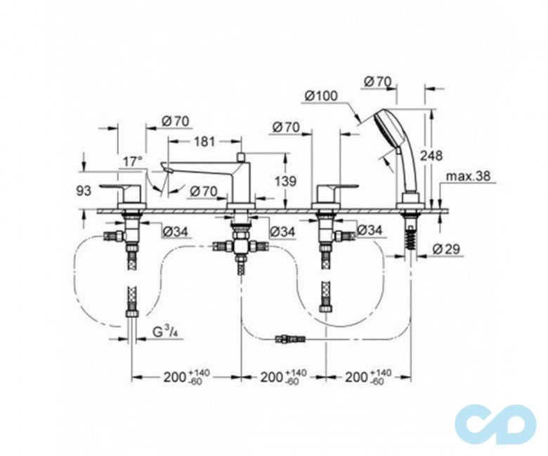 чертеж Смеситель на борт ванны Grohe BauLoop 2511900A