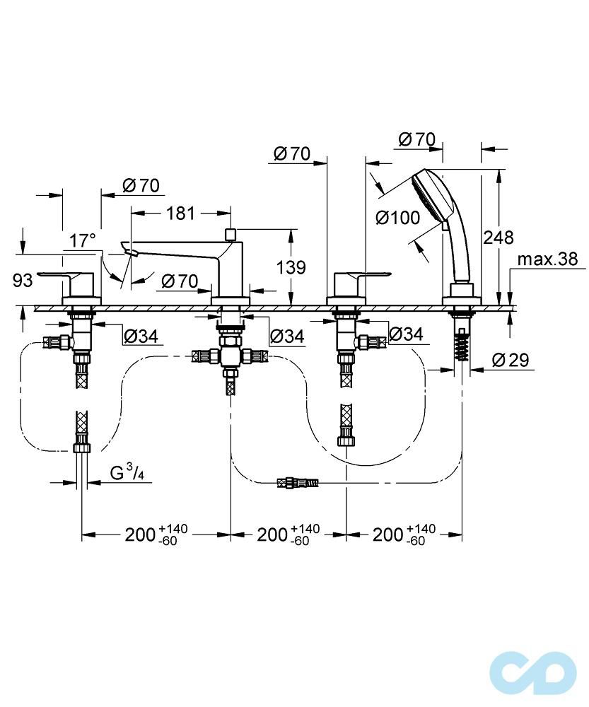 креслення Змішувач на борт ванни Grohe BauEdge 2512000A