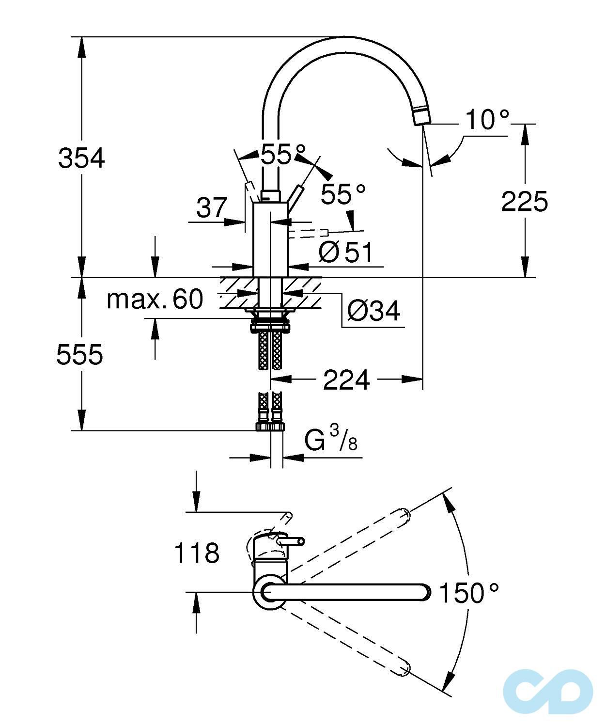 креслення Кухонний змішувач Grohe Concetto 32661DC3
