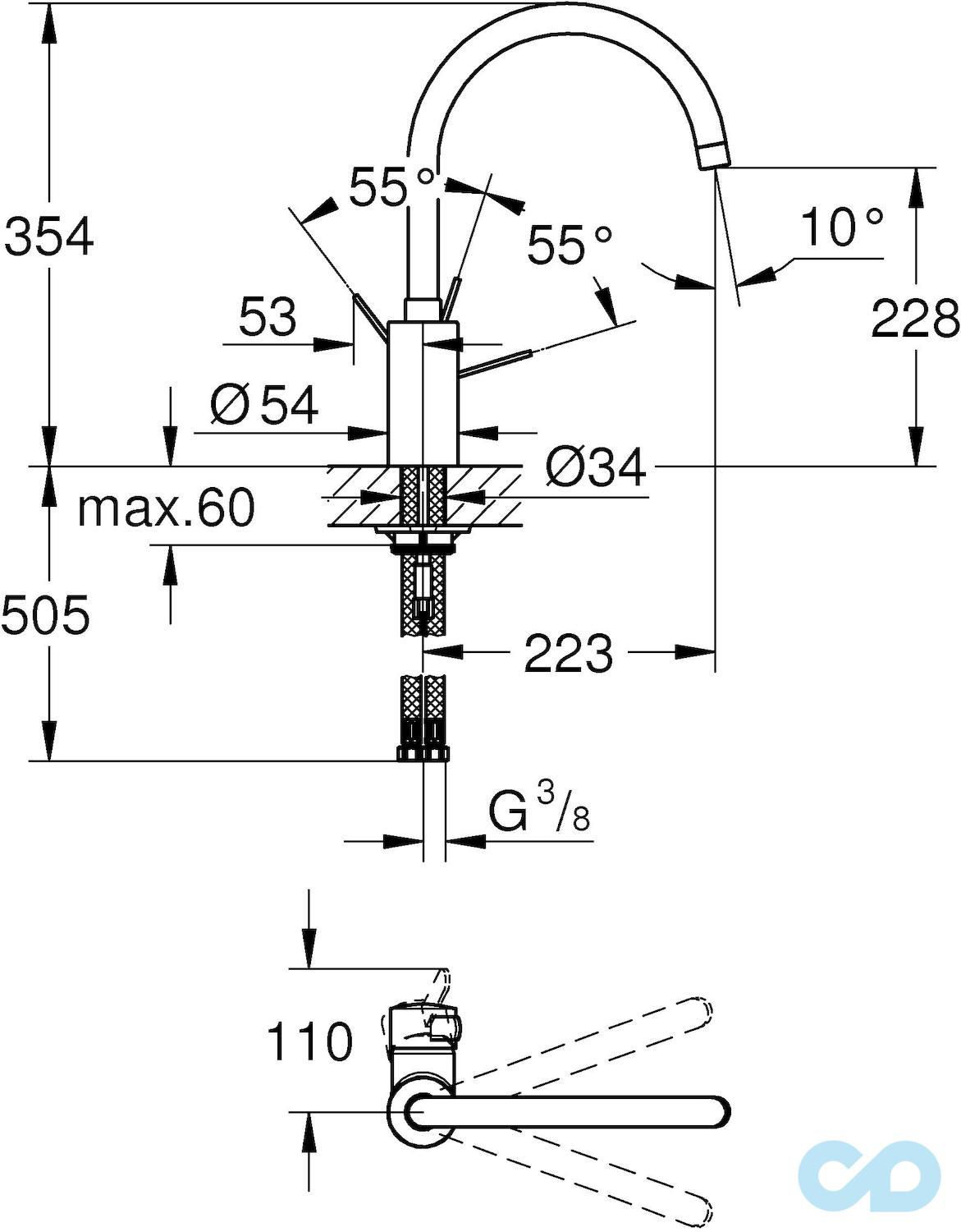 чертеж Кухонный смеситель Grohe Eurosmart Cosmopolitan 32843002