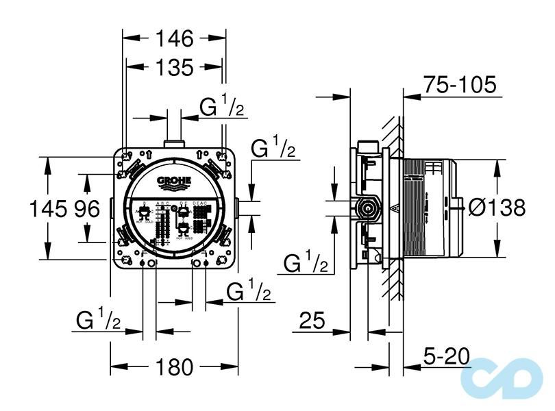 технічна схема Комплект прихованого монтажу Grohe Rapid SL 35600000 + 38772001 + APZ10-650 