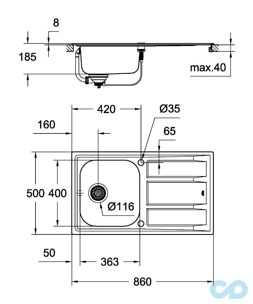 чертеж Кухонная мойка Grohe K400 31566SD0