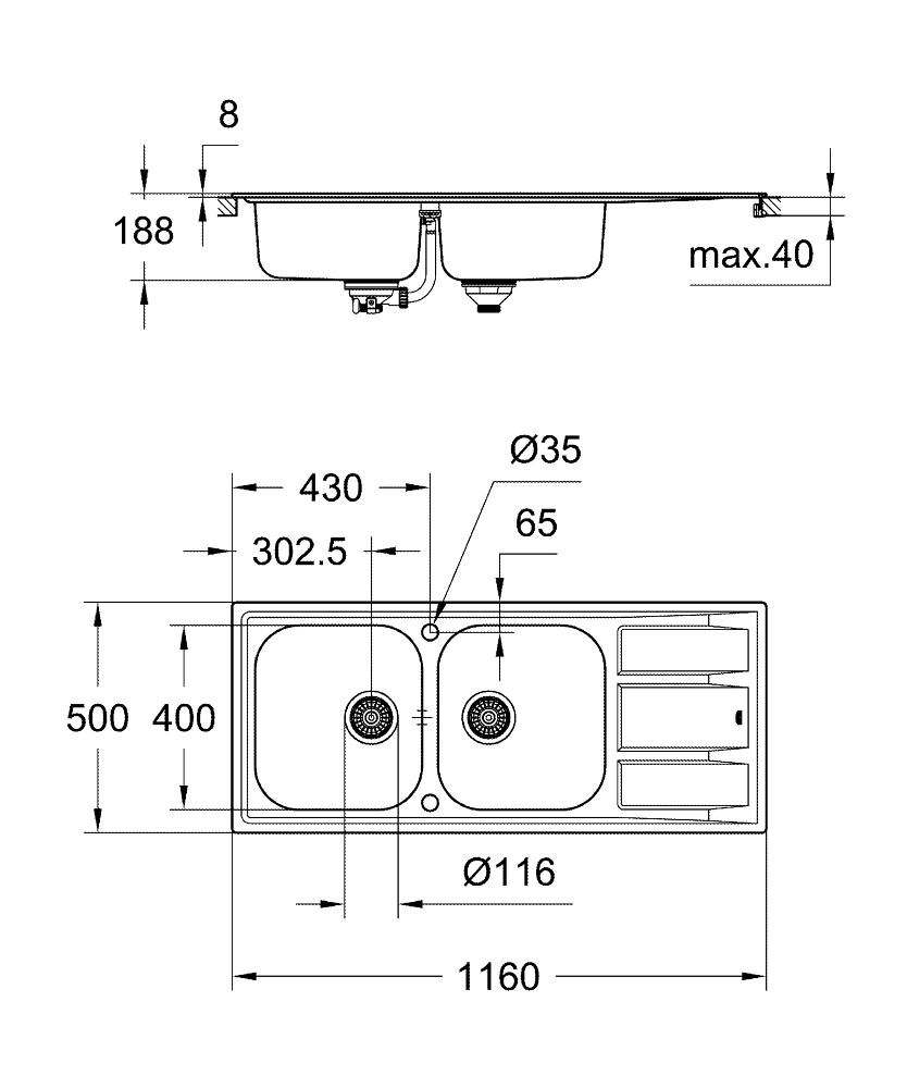 креслення Кухонна мийка Grohe K400 31587SD0