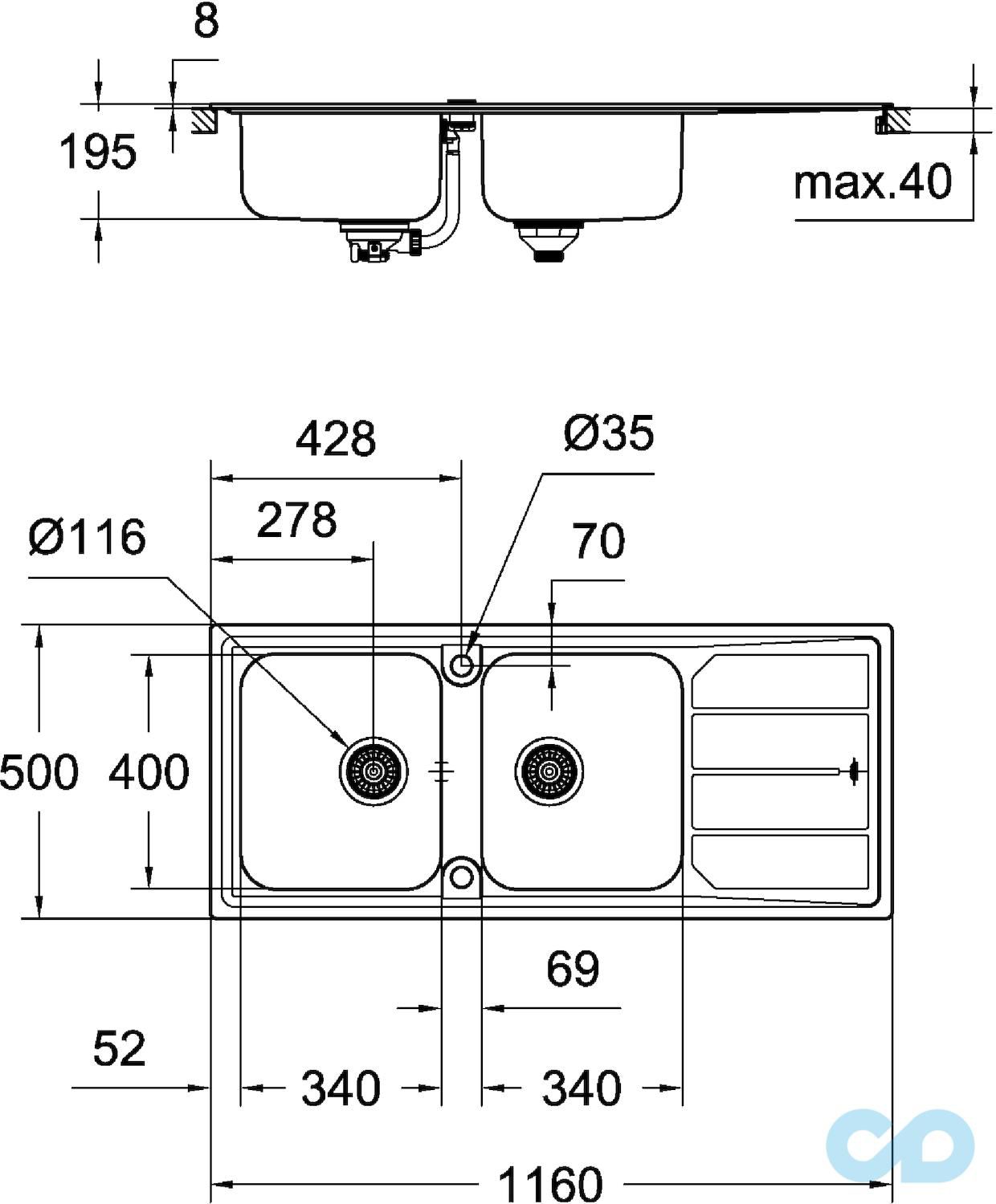 креслення Кухонна мийка Grohe K500 31588SD0