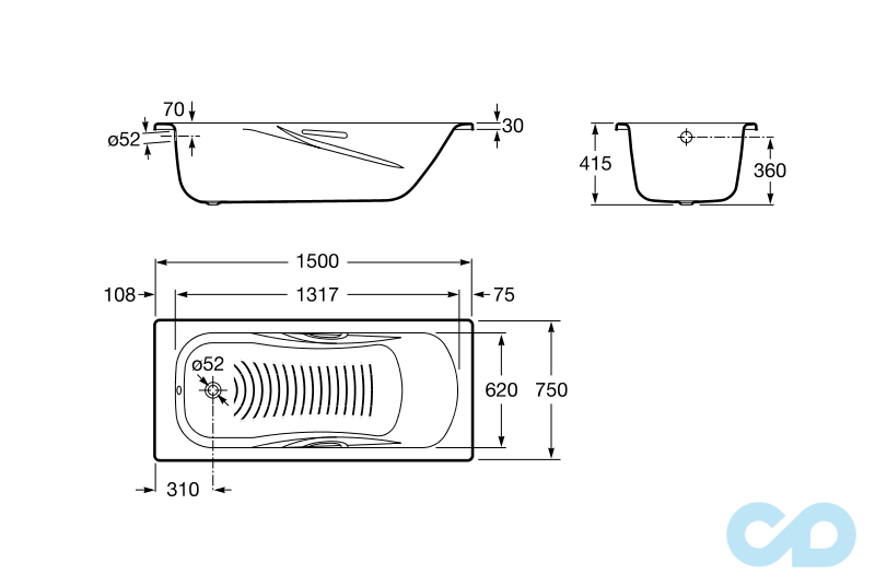 креслення Ванна сталева Roca Princess 150х75 A220470001