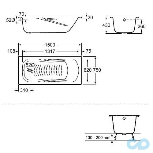 креслення Ванна сталева Roca Princess 150х75 A220470001+A291021000