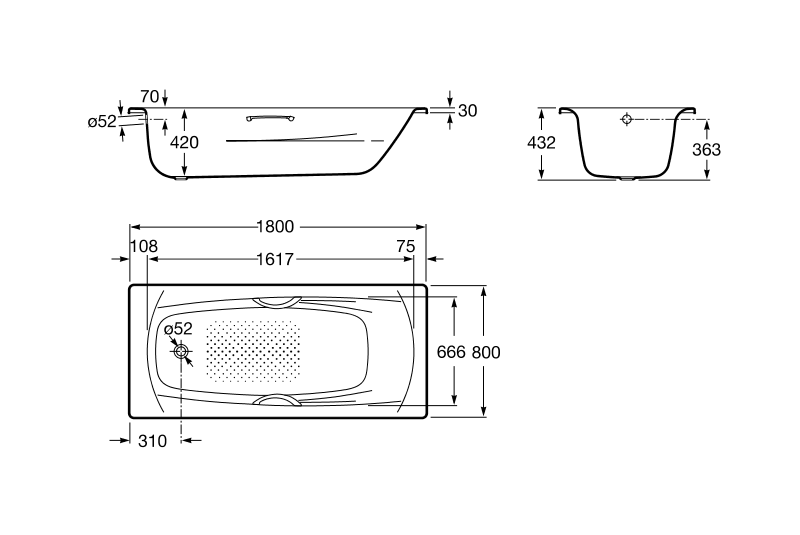 креслення Ванна сталева Roca Swing 180x80 A220070001 + A29103000