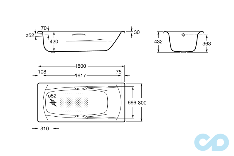 чертеж Стальная ванна Roca Swing 180x80 A220070001+285357